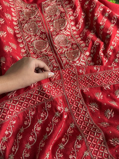 Deep Red Shade Moonga Silk Chikankari Unstitched Fabric