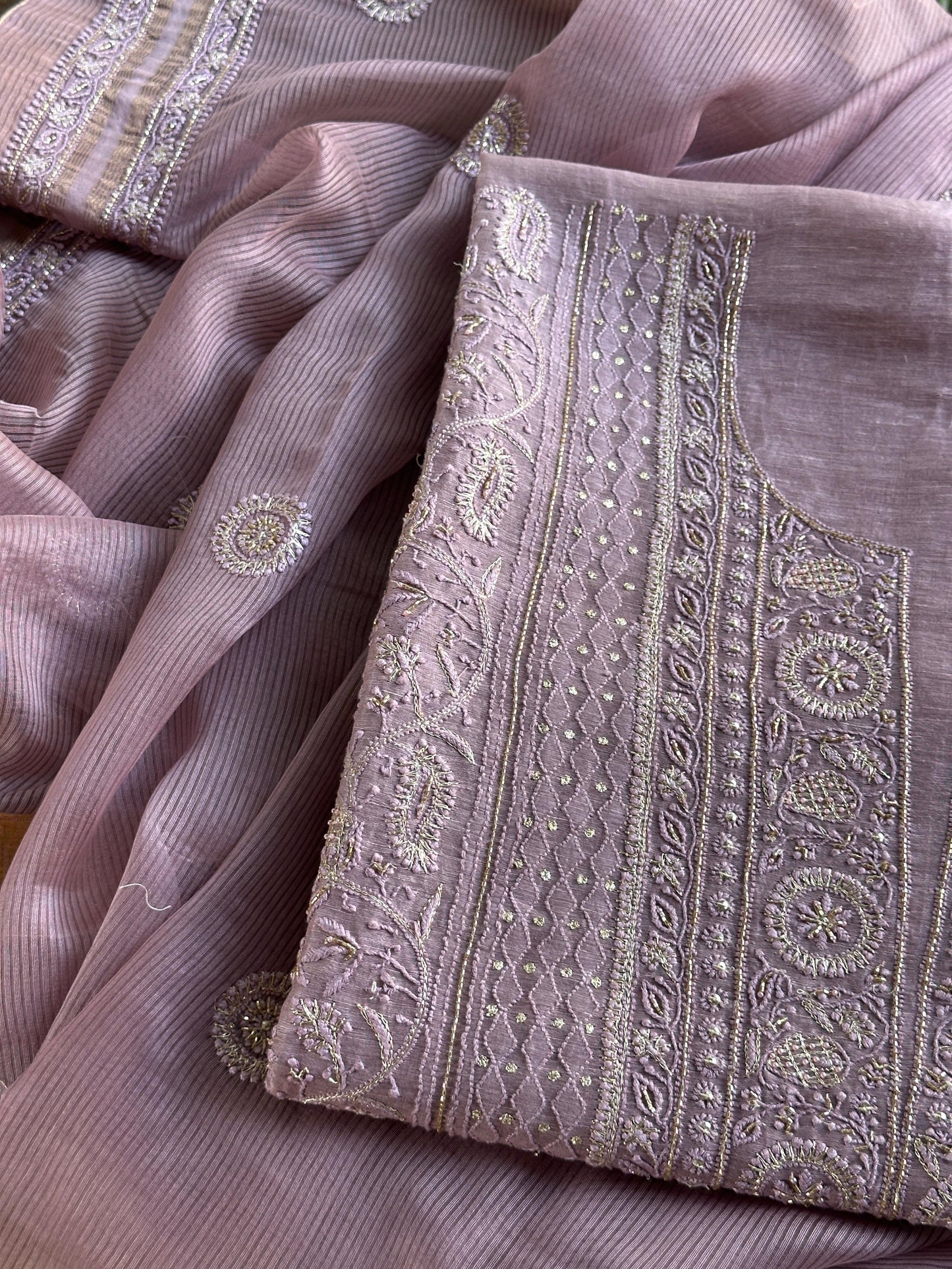Purple Shade Linen Silk Chikankari With Ari Work Unstitched Kurta Dupatta Set