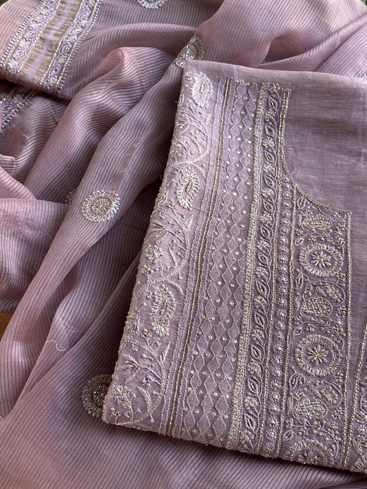 Purple Shade Linen Silk Chikankari With Ari Work Unstitched Kurta Dupatta Set