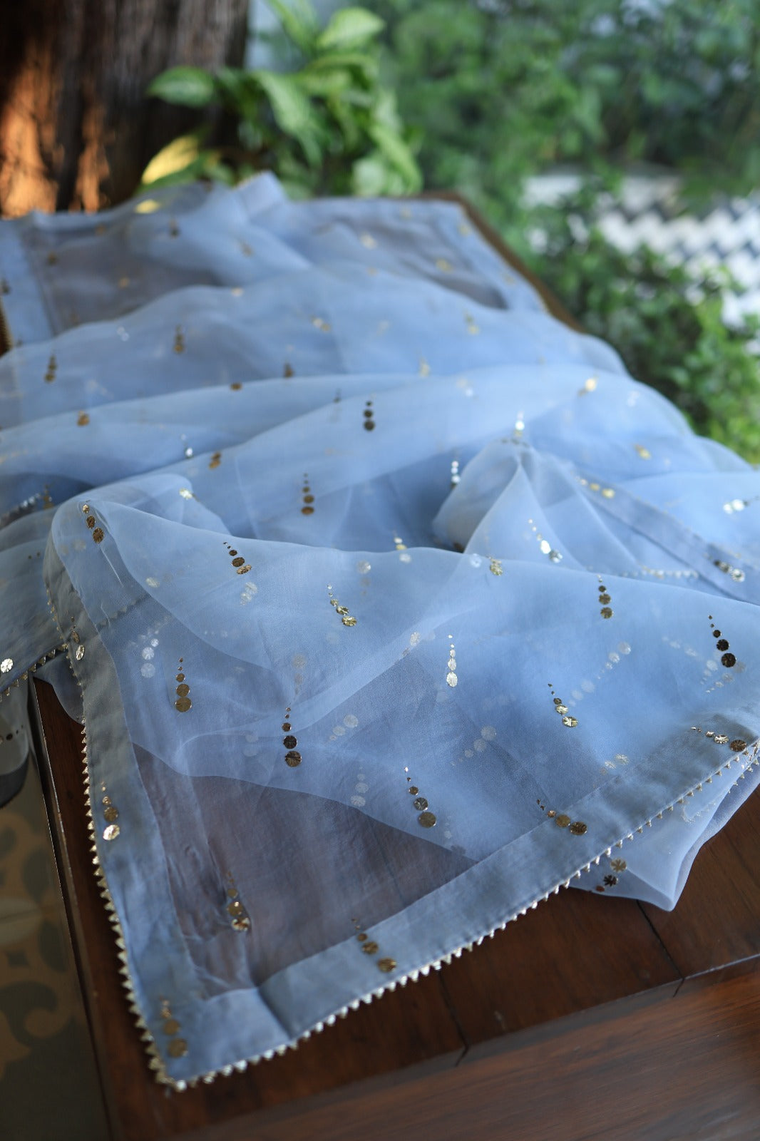 Powder Blue Shade Noor Organza Silk Badla Unstitched Kurta Dupatta Set
