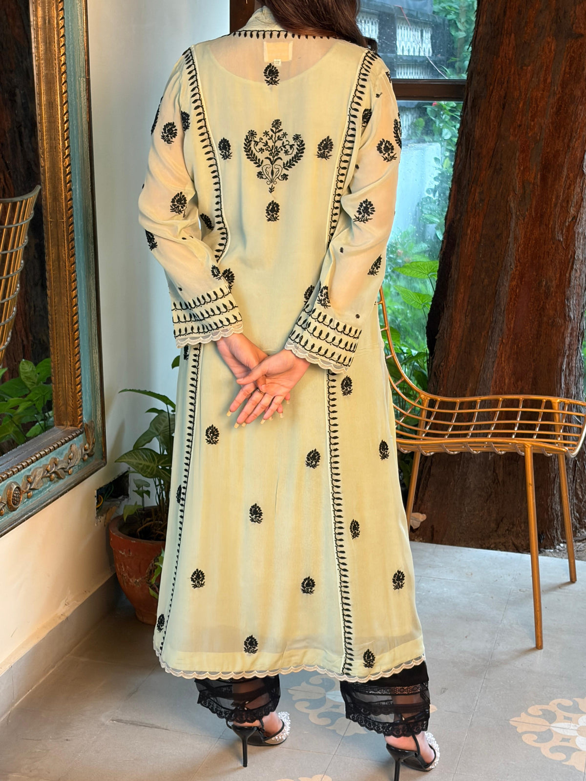 Pastel Green Chiffon Chikankari Kurta with Lace Detailing
