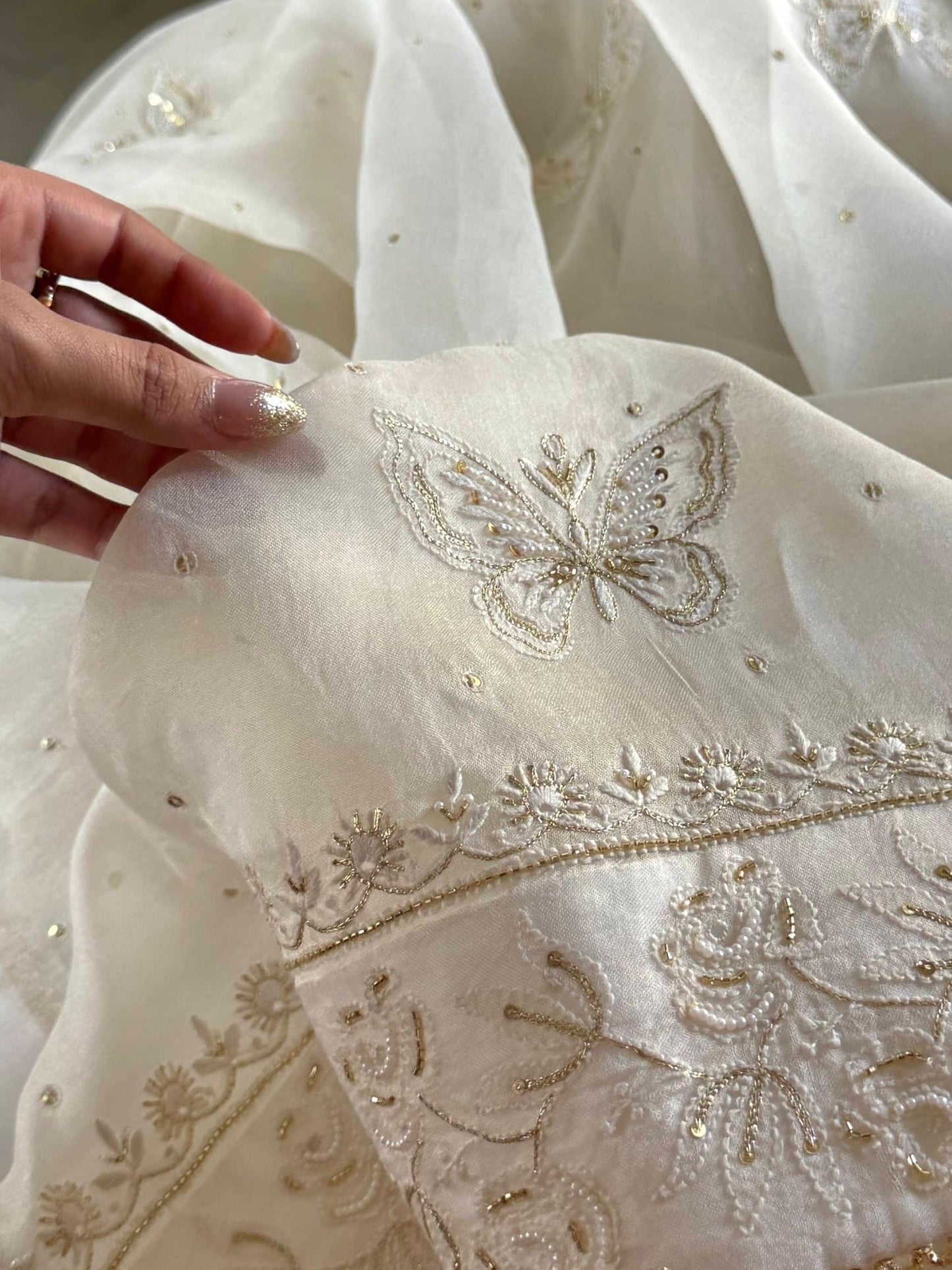 Noor Organza White Butterfly Chikankari Saree