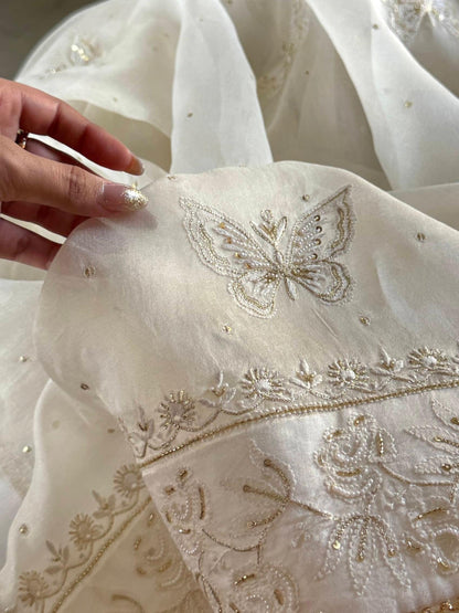 Noor Organza White Butterfly Chikankari Saree