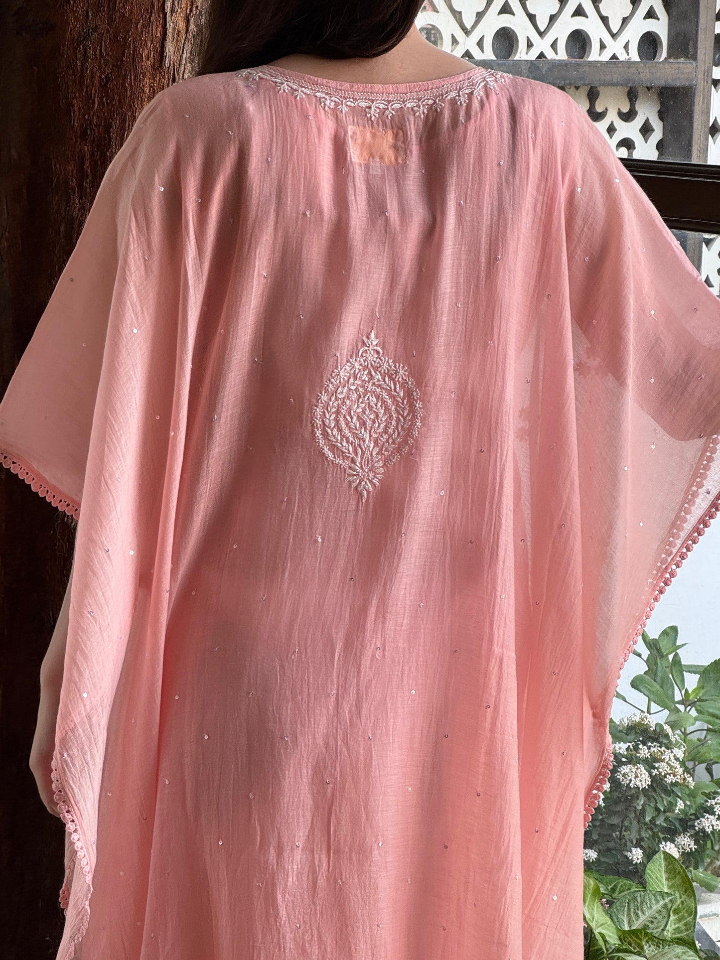 Pink Malmal Sequinned Chikankari Kaftan