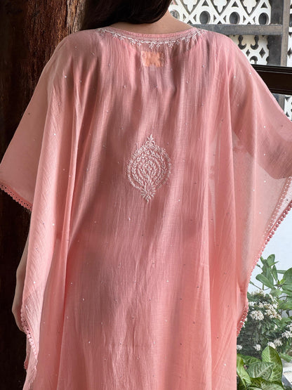 Pink Malmal Sequinned Chikankari Kaftan