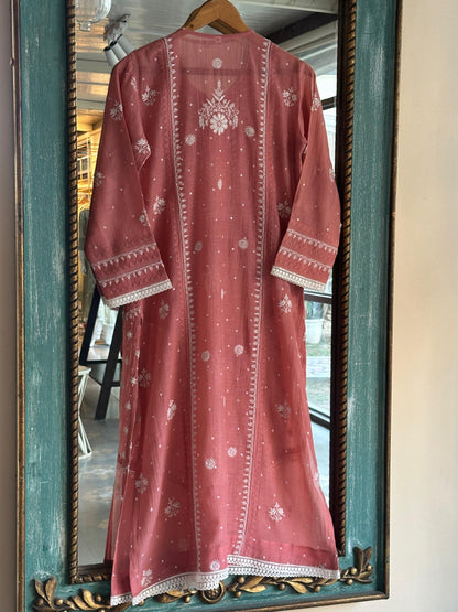 Onion Pink Shade Malmal Pearl Work Chikankari Kurta With Dupatta