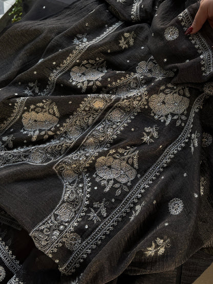 MYSTIC BLACK AND ASH SILVER | TISSUE SILK CHIKANKARI