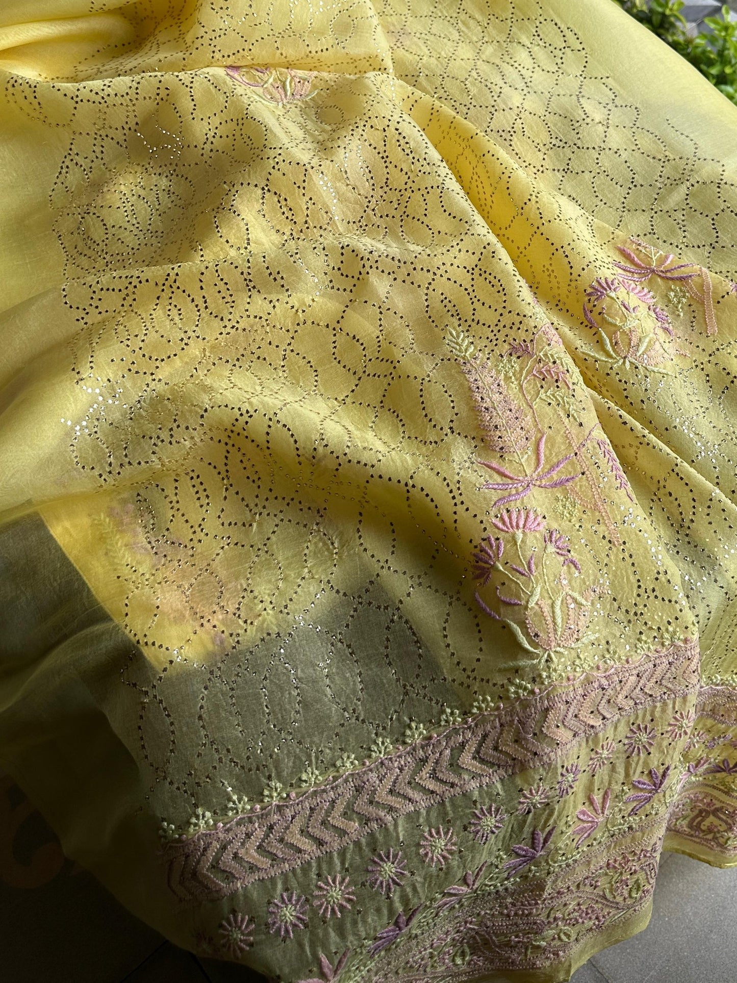 Pineapple Yellow | Noor Organza Silk Chikankari With Kamdani Fabric