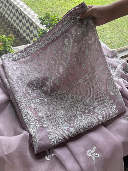 Old Lavender Shade Noor Banarasi Organza Chikankari Unstitched Fabric