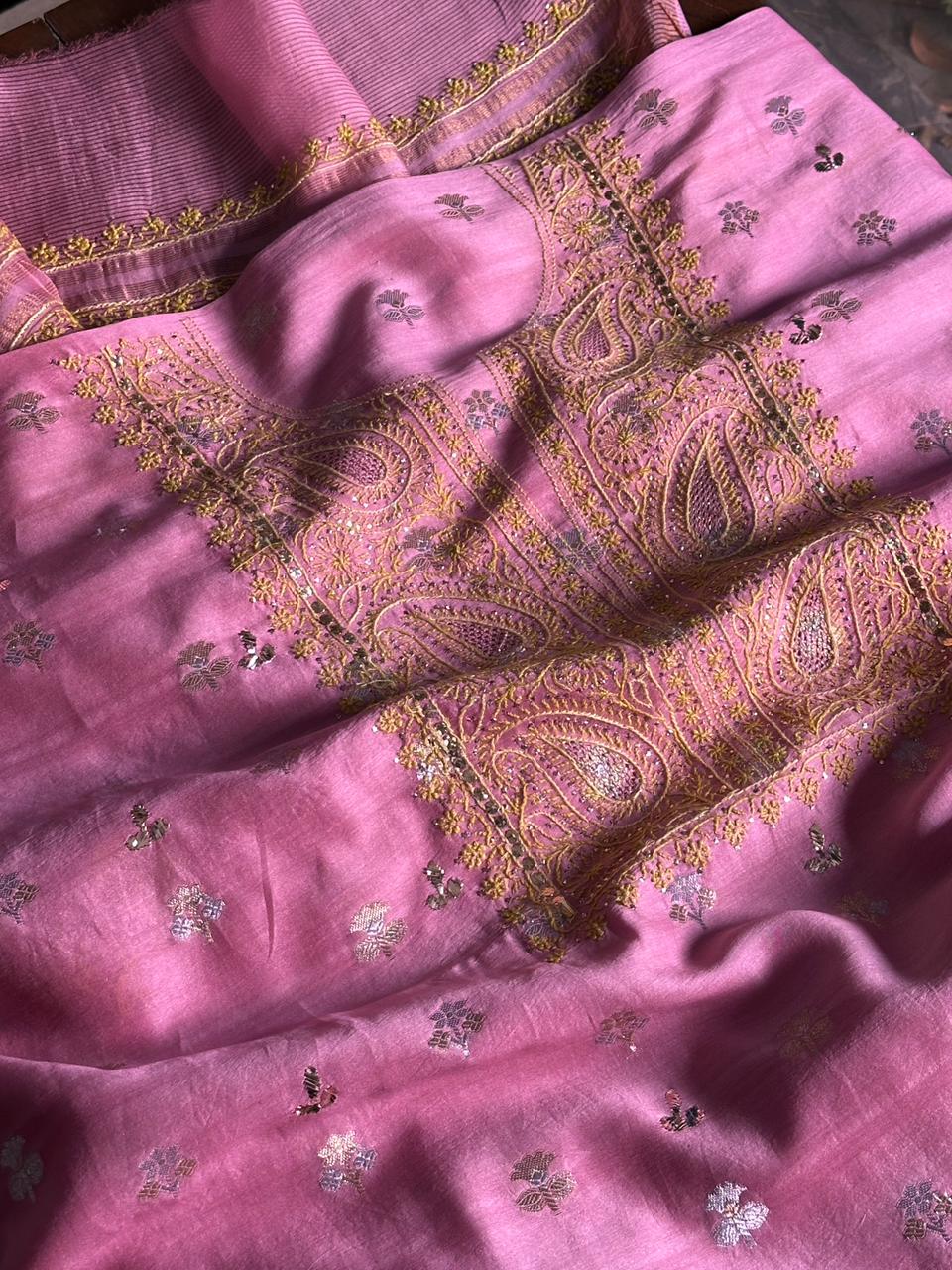 Pink Shade Zari Booti Fine Chikankari With Kamdani Work Unstitched Fabric