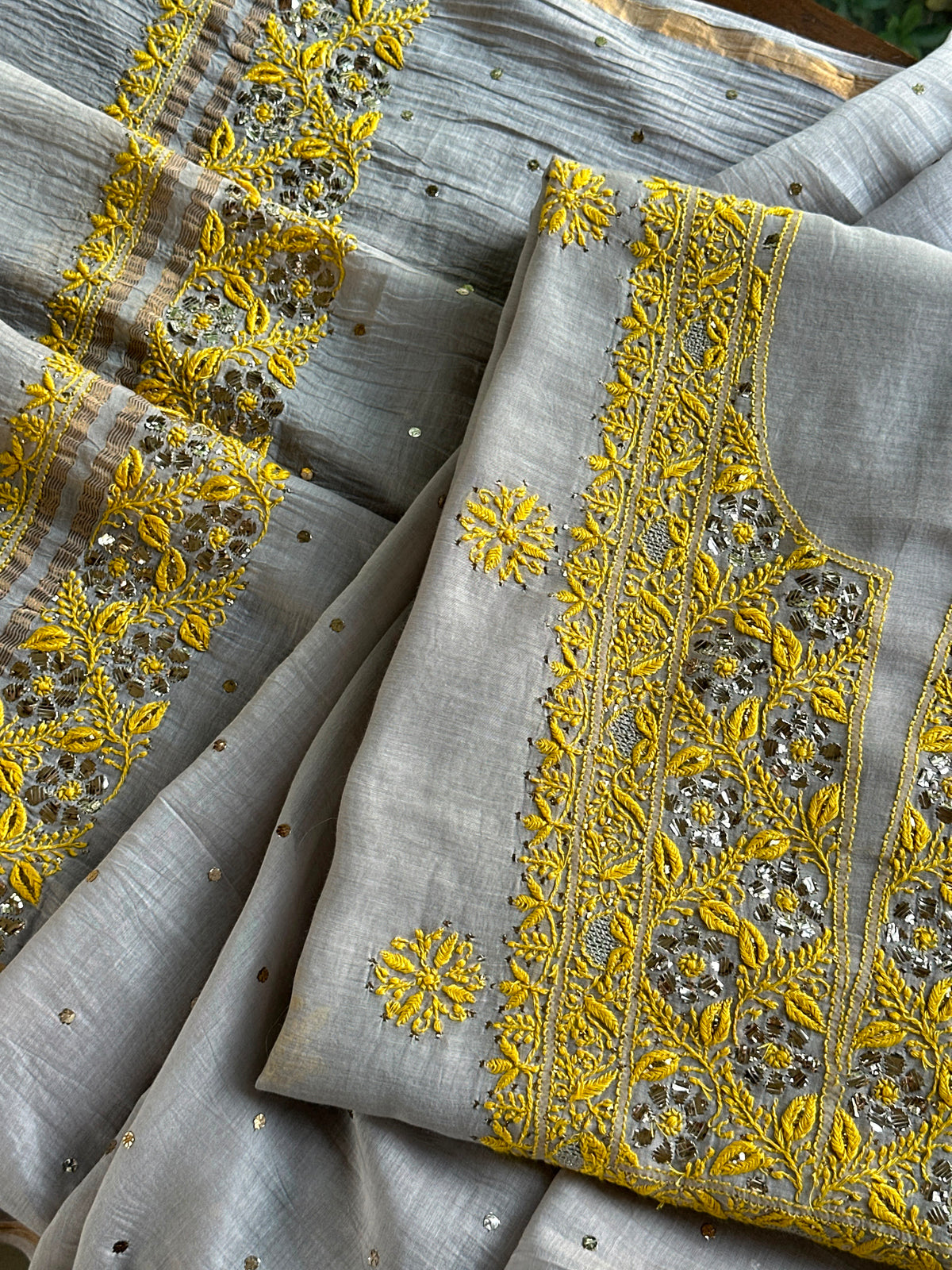 Grey Shade Mal Cotton Chikankari Unstitched Kurta Dupatta Fabric With Mukaish Badla