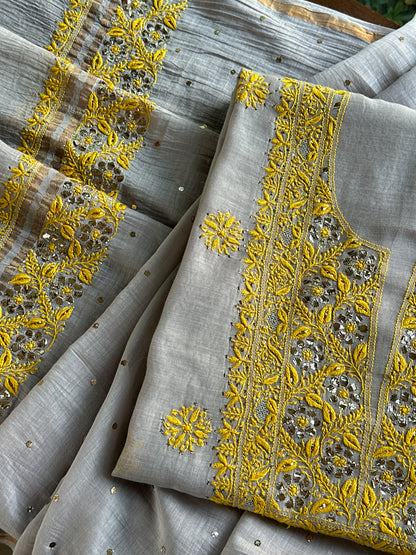 Grey Shade Mal Cotton Chikankari Unstitched Kurta Dupatta Fabric With Mukaish Badla