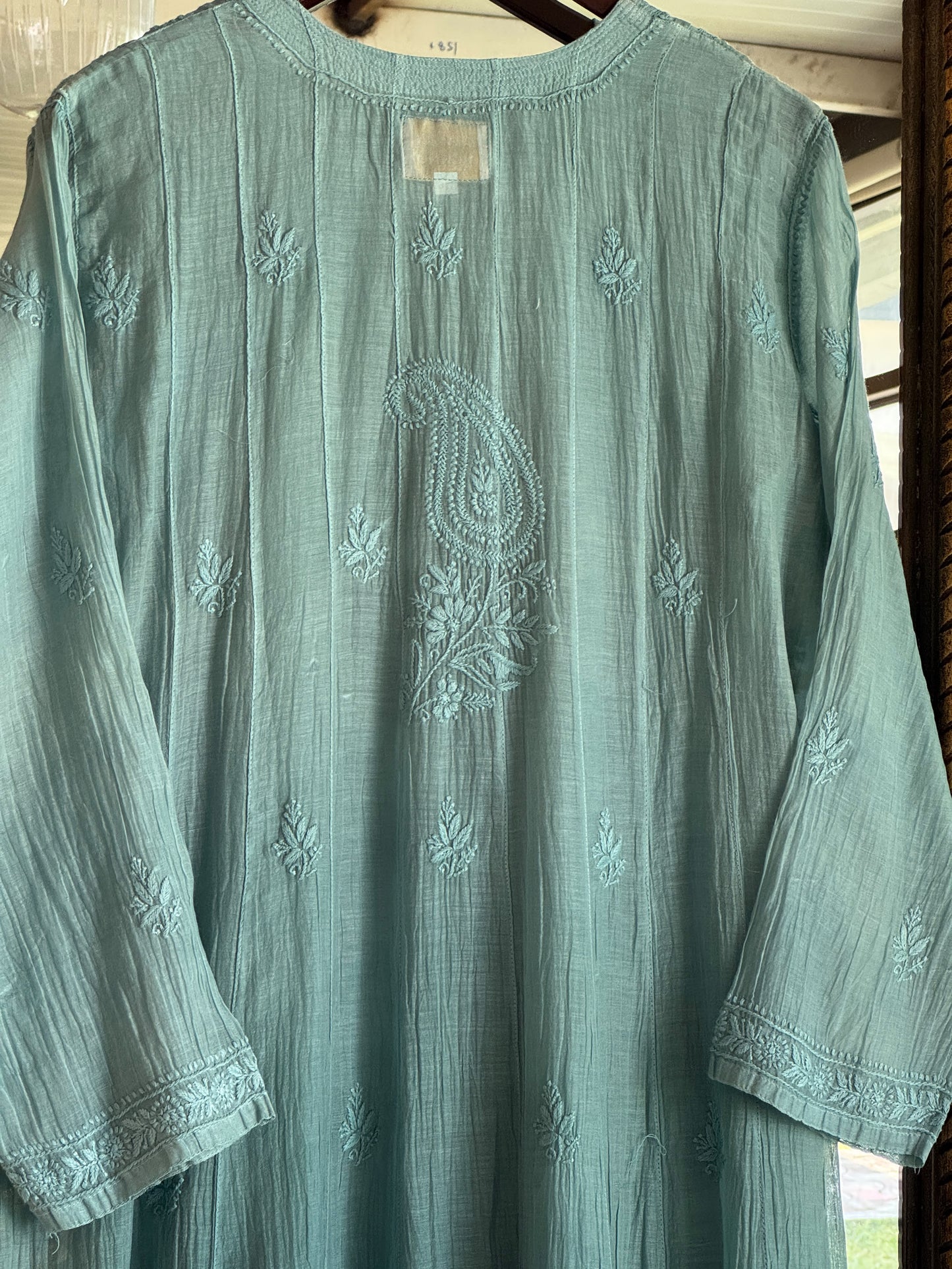 Sea Green Zari Chanderi Chikankari A Line Kurta with Slip