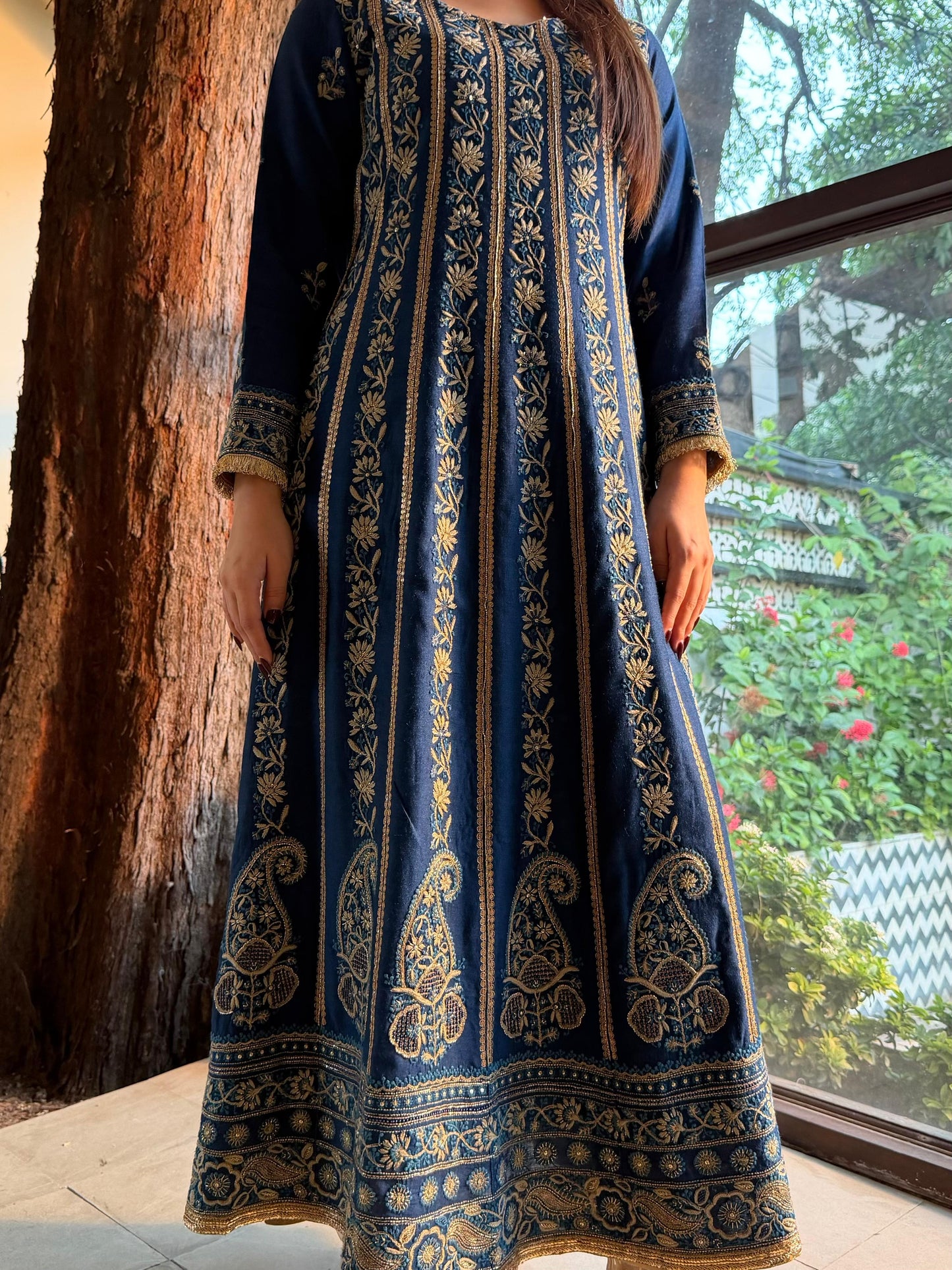 Roheen Blue Moonga Silk Chikankari Anarkali With Dupatta