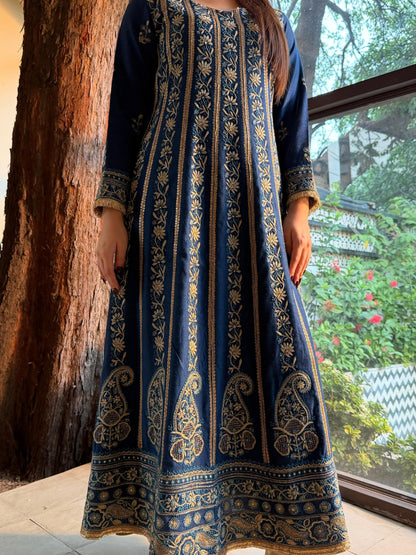 Roheen Blue Moonga Silk Chikankari Anarkali With Dupatta