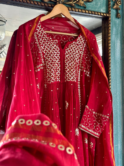 Cherry Red Shade Mukaish Mul Chanderi Silk Dress