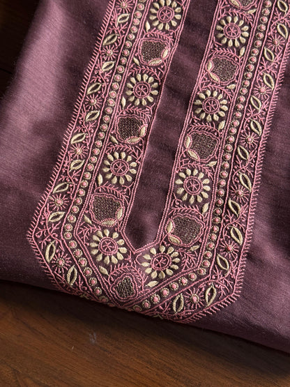 Wine Shade Moonga Silk Chikankari Men’s Kurta Fabric