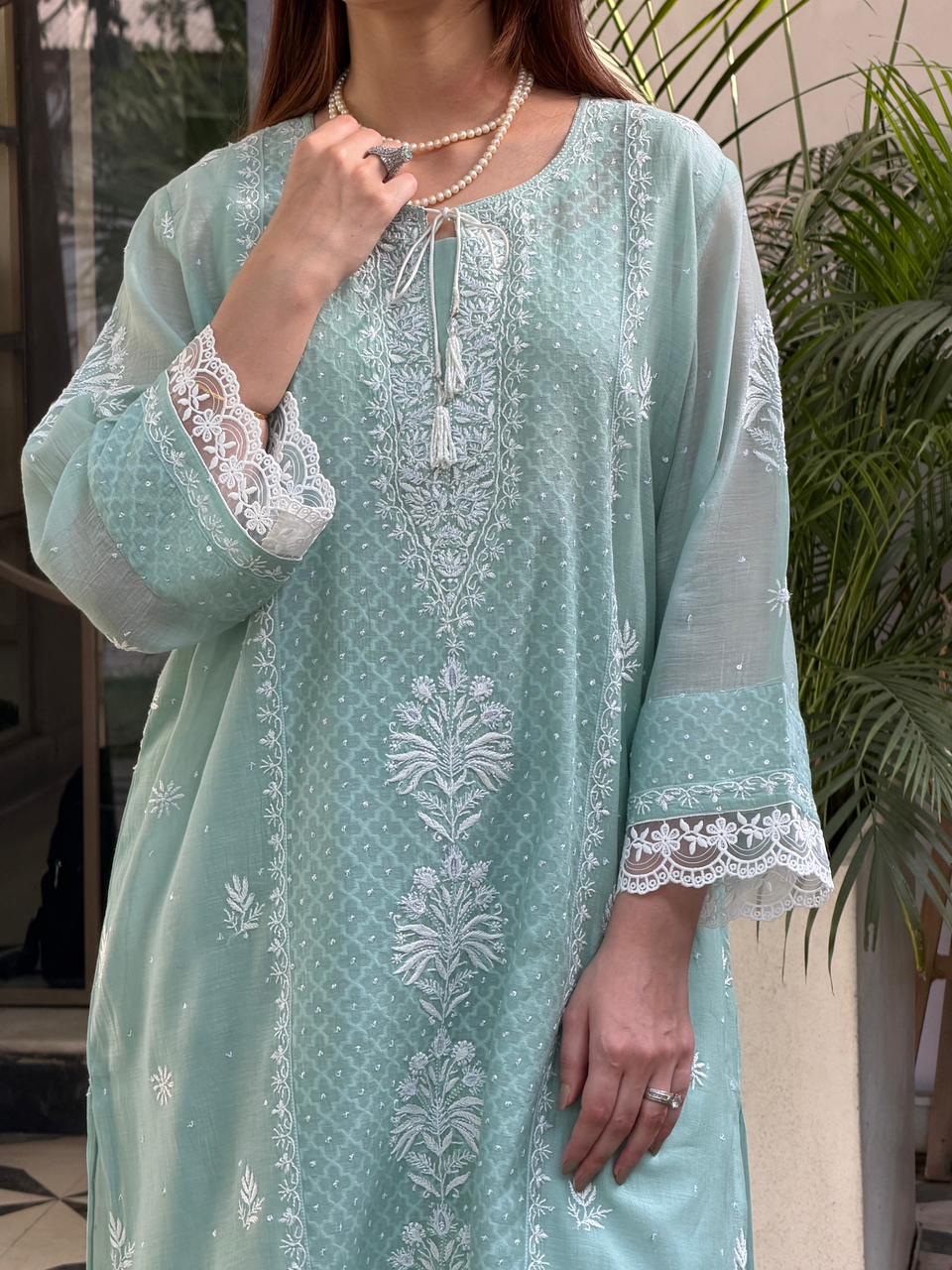 Sea green Jacquard Loose Cut Chikankari Co-Ord Set