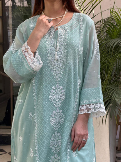 Sea green Jacquard Loose Cut Chikankari Co-Ord Set