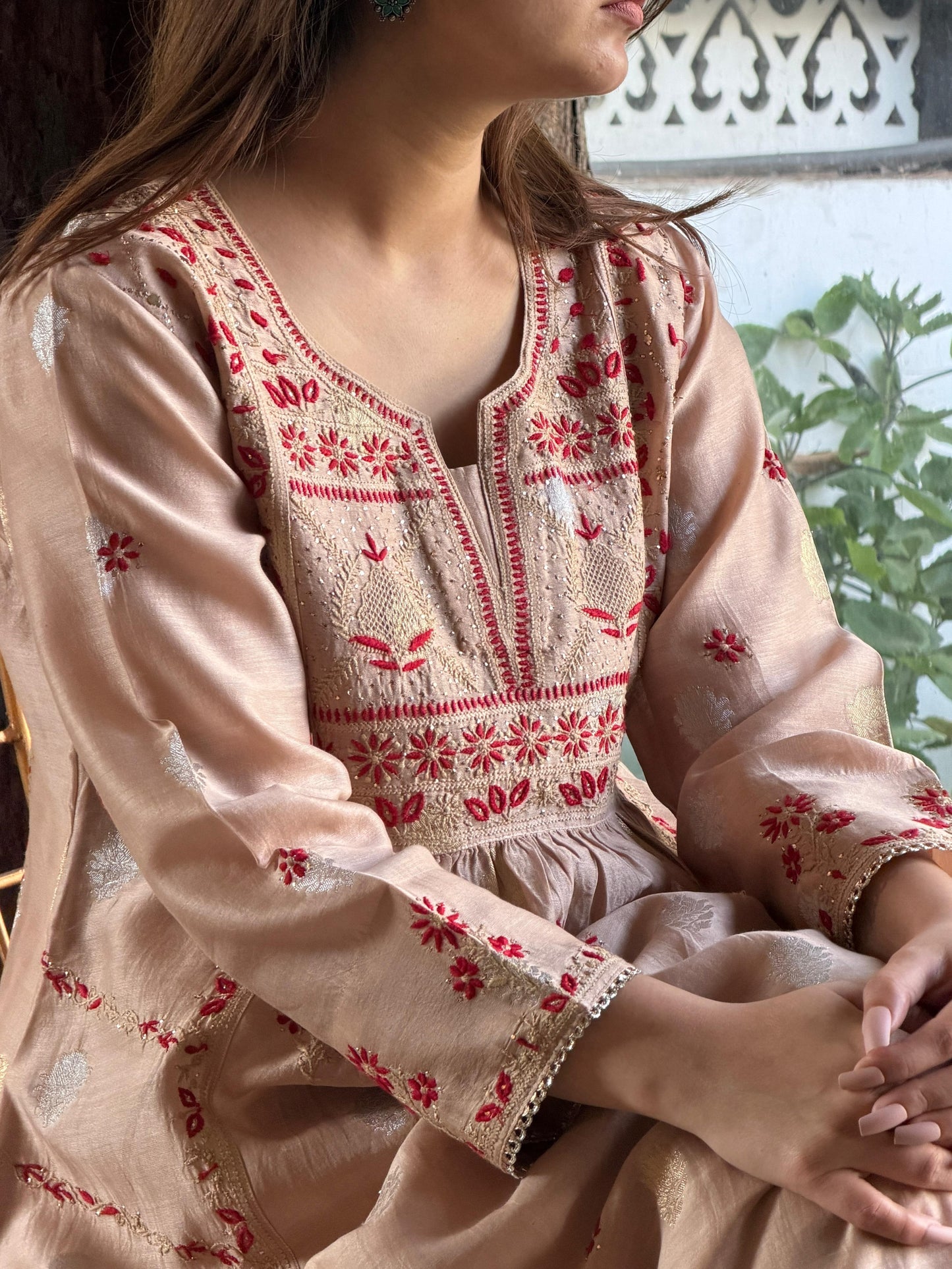Almond Pink Zari Chanderi Chikankari Ready to Wear Tunics