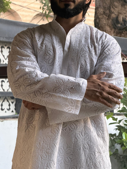 White Cotton Chikankari Men's Kurta