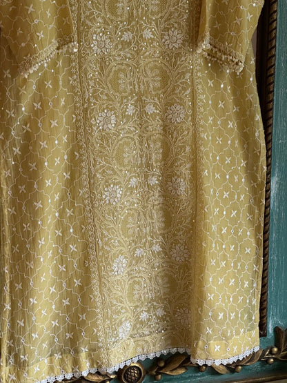Yellow Shade Malmal Pearl White Chikankari Ready to Wear Kurta Set