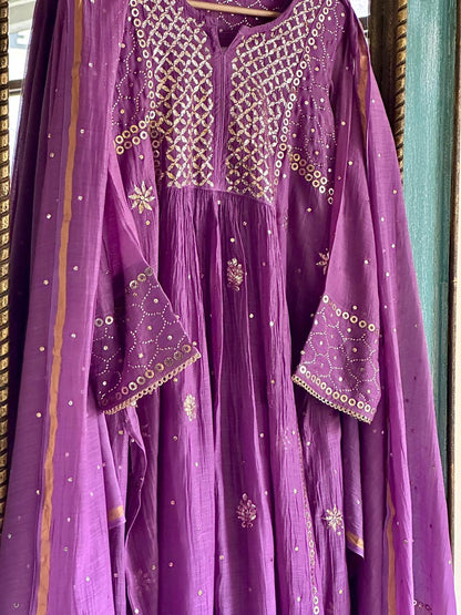 Deep Purple Shade Mukaish Mul Chanderi Silk Dress