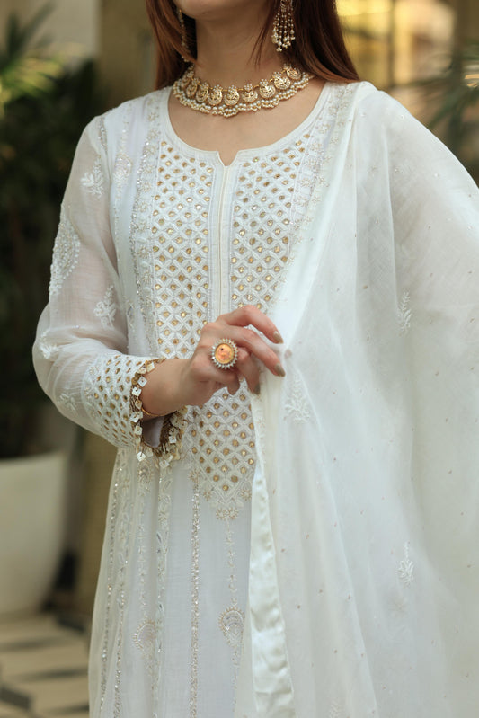 White Malmal Pearl Work Chikankari A Line Kalidar Kurta With Dupatta