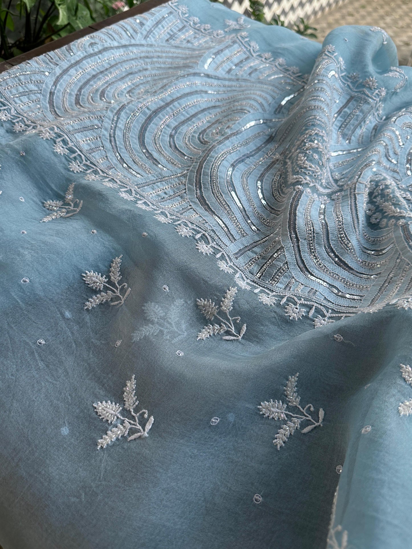 Powder Blue Noor Organza Banarasi Silk Chikankari Unstitched Kurta Dupatta Set