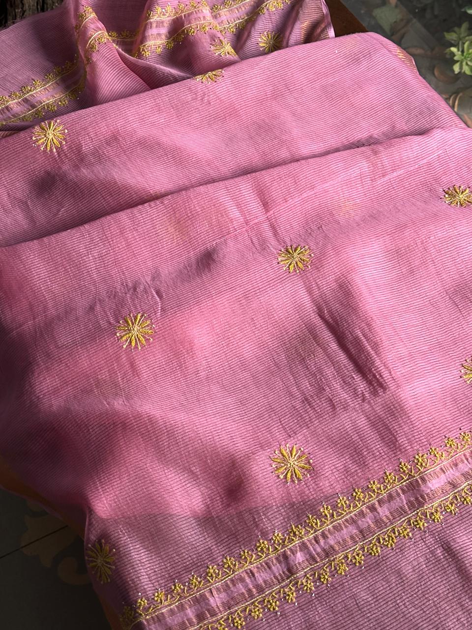 Pink Shade Zari Booti Fine Chikankari With Kamdani Work Unstitched Fabric