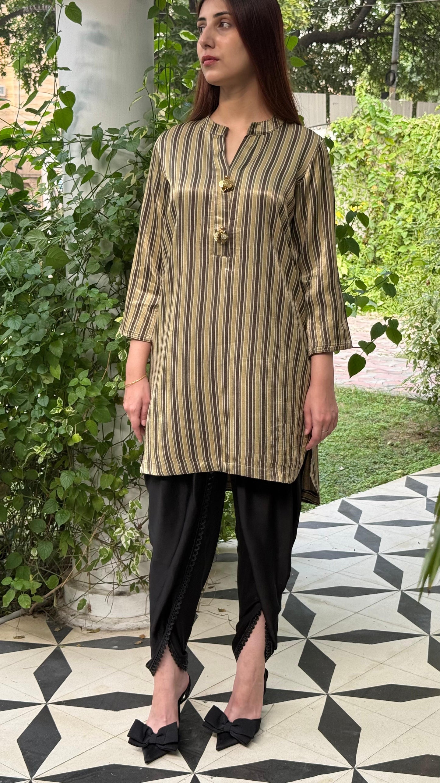 Ajrak Tan Brown Shade Mashru Silk, Short Kurta