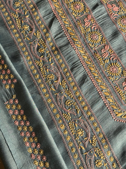 Blue Shade Moonga Silk Chikankari Men’s Kurta Fabric