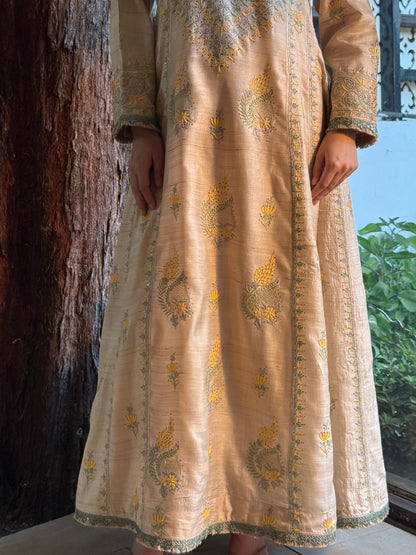 Basak Natural Tussar Silk Kalidar Chikankari Kurta Set