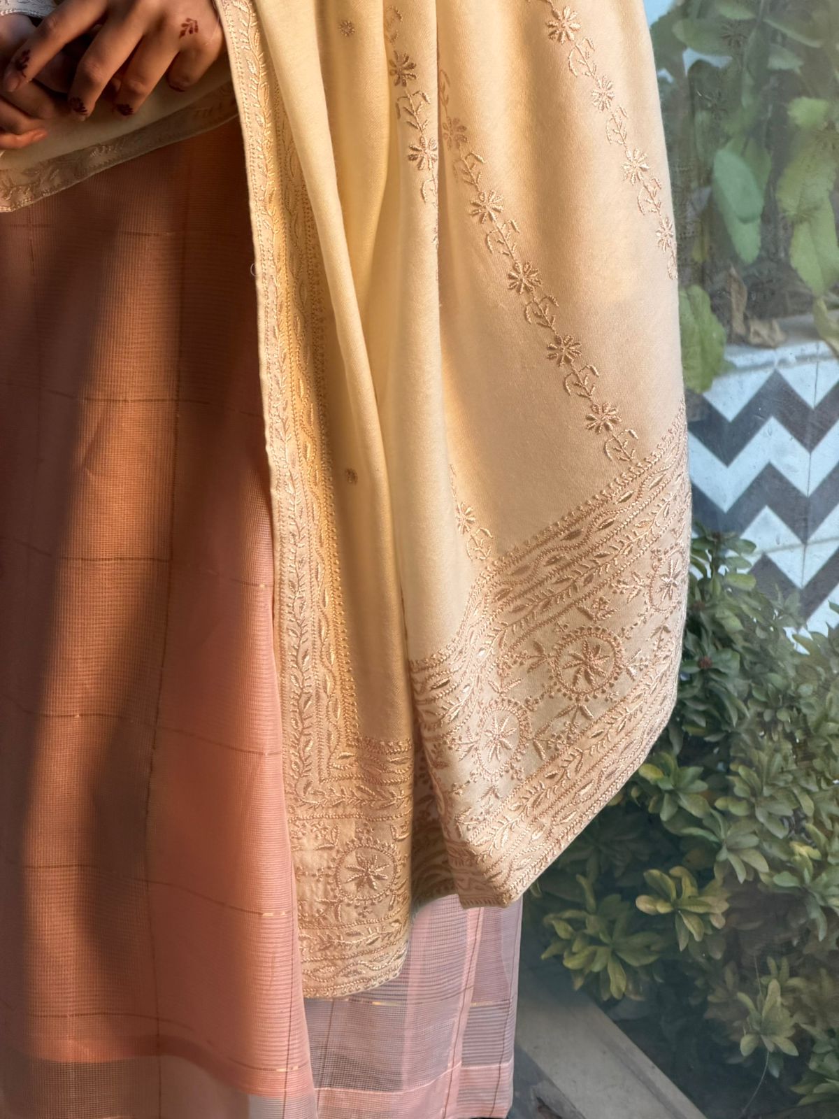 Natural Beige Shade Saman Pashmina Resham Thread Chikankari Shawl