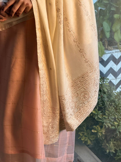 Natural Beige Shade Saman Pashmina Resham Thread Chikankari Shawl