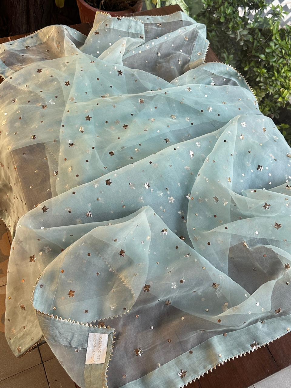 Sea Green Shade Noor Organza Silk Badla Unstitched Kurta Dupatta Set