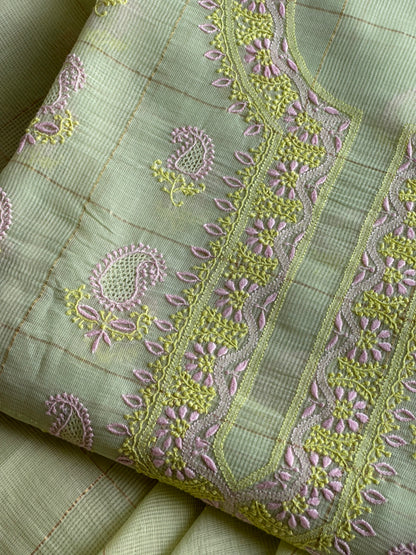 Olive Green Shade Tissue Zari Kota Chikankari Unstitched Fabric