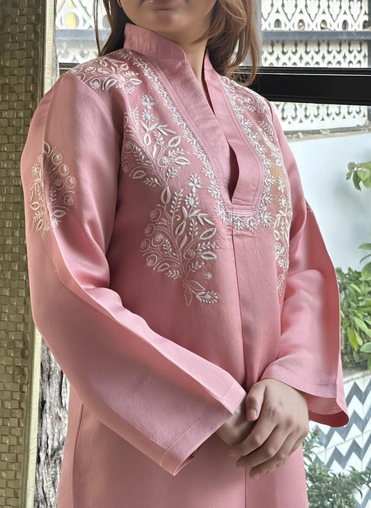 Soft Pink Satin Shimmer Chikankari Co-Ord Set