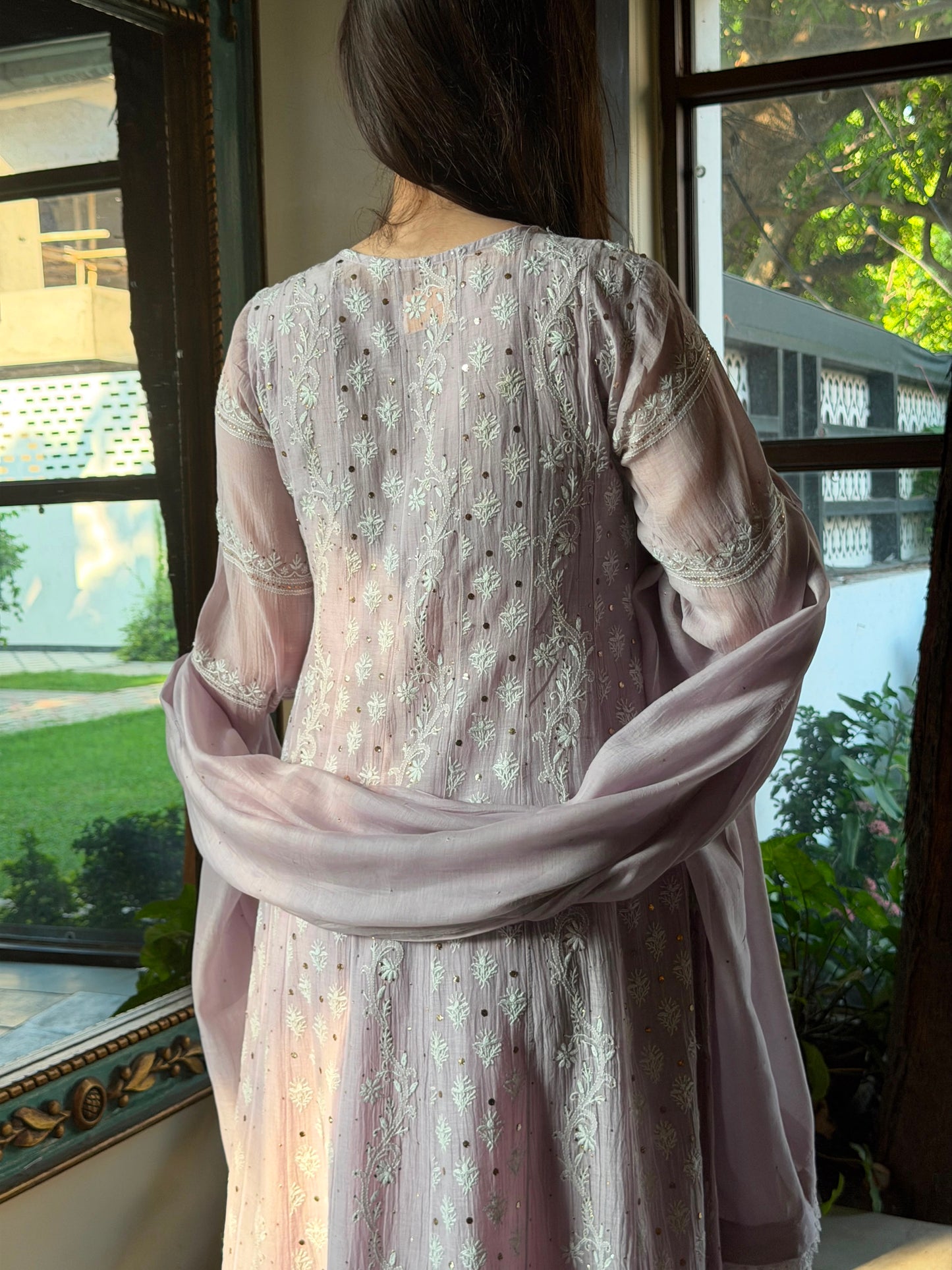 Lavender Mal Chanderi Mukaish Kamdani Chikankari Anarkali