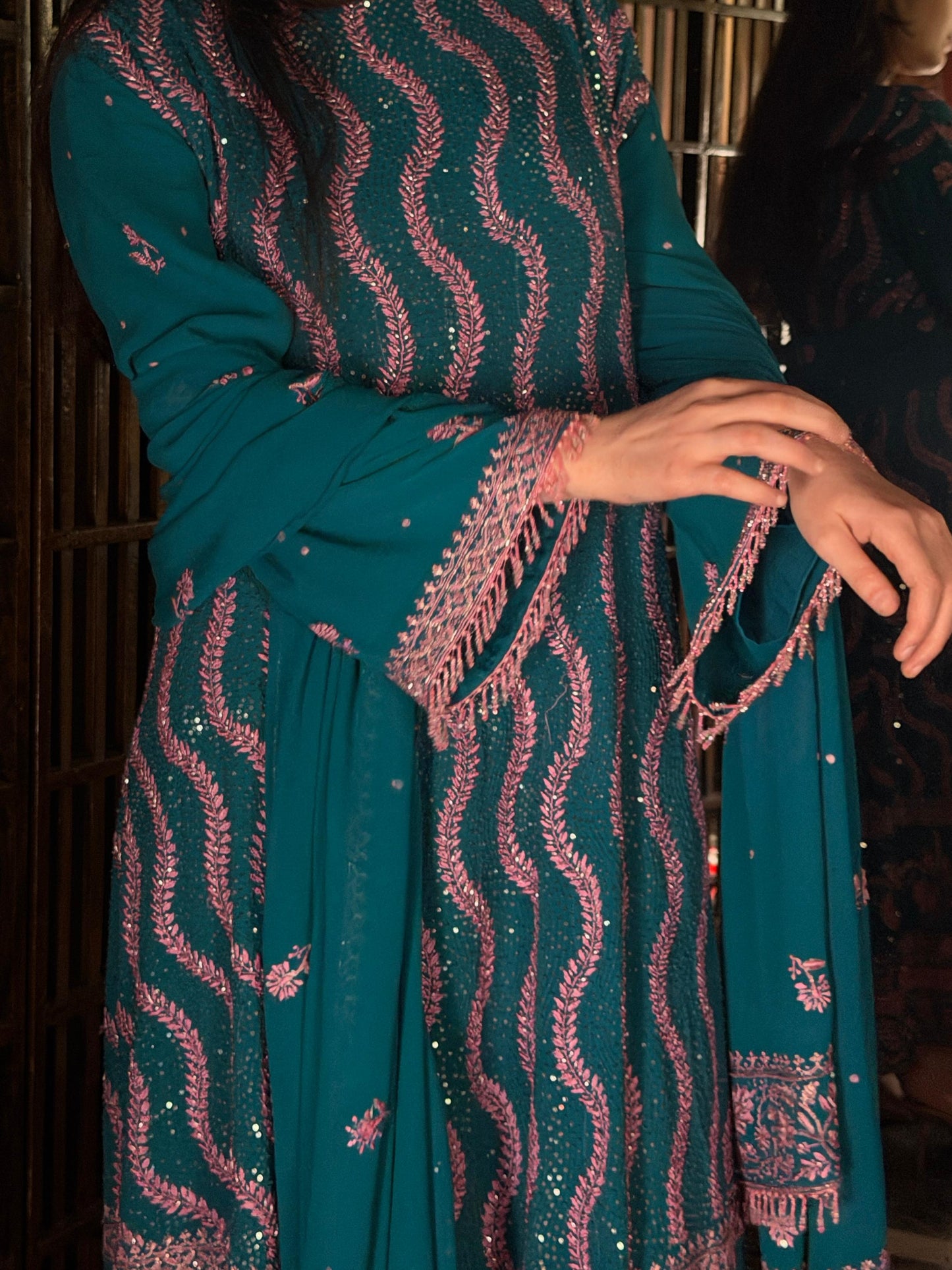 Prussian Blue Sequinned Georgette Chikankari Anarkali
