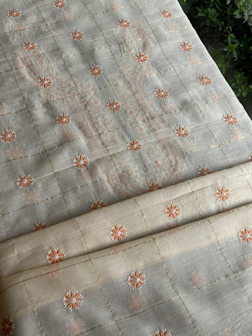 Cream Shade Tissue Zari Kota Chikankari Unstitched Fabric