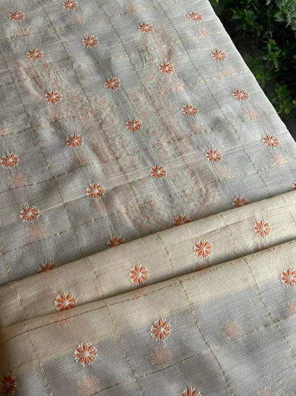 Cream Shade Tissue Zari Kota Chikankari Unstitched Fabric