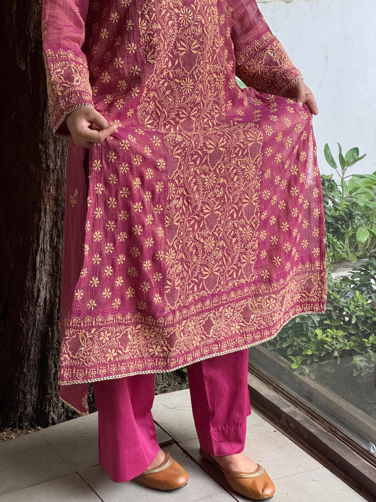 Cranberry Pink Shade Tissue Silk Chikankari Straight Cut Kurta Dupatta Set