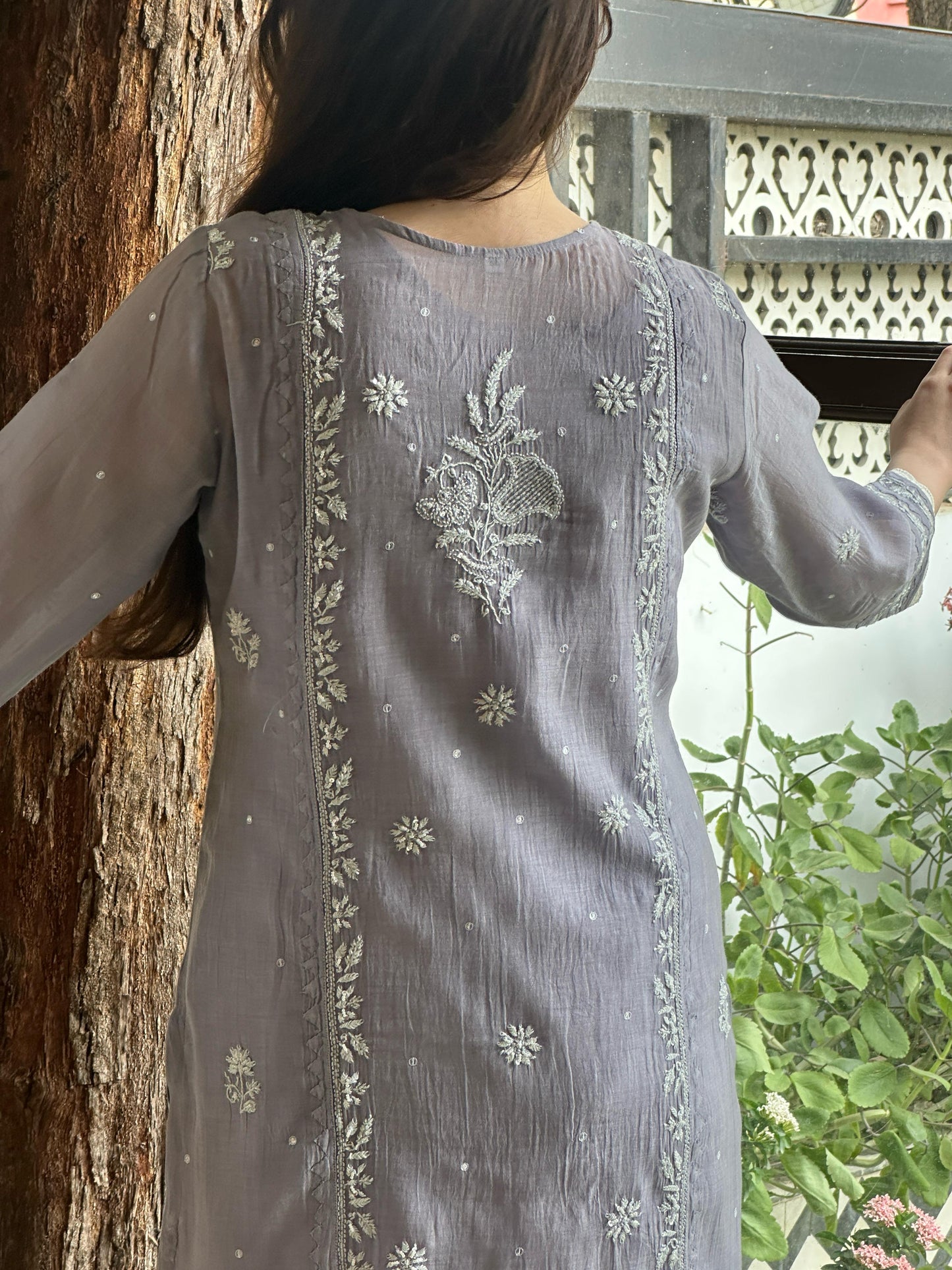 Grey Shade Malmal Mukaish Kamdani Chikankari Kurta Set