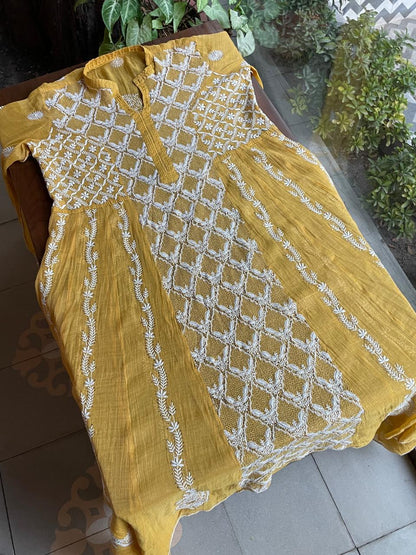 Gold Yellow Shade | Tissue Silk Chikankari Jaali Work Kurta Set