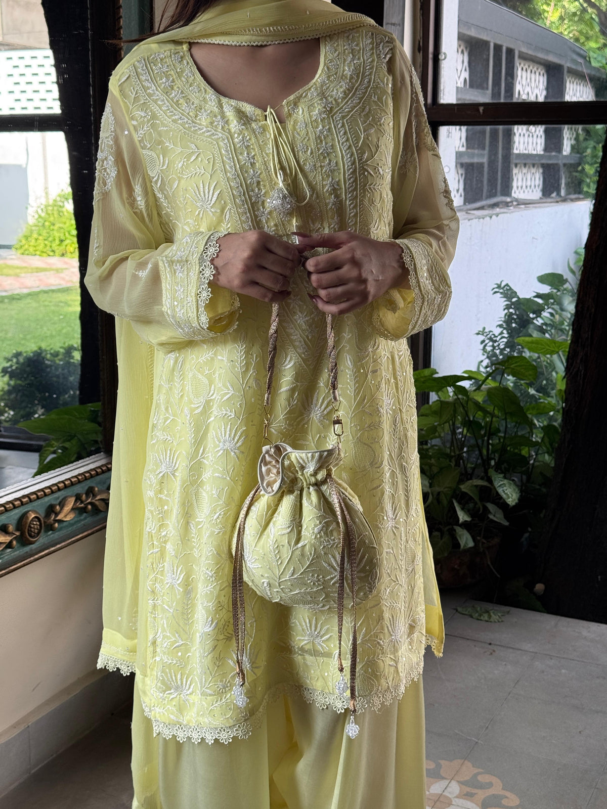 Chiffon Chikankari Sequinned Farshi Salwar with Potli Set