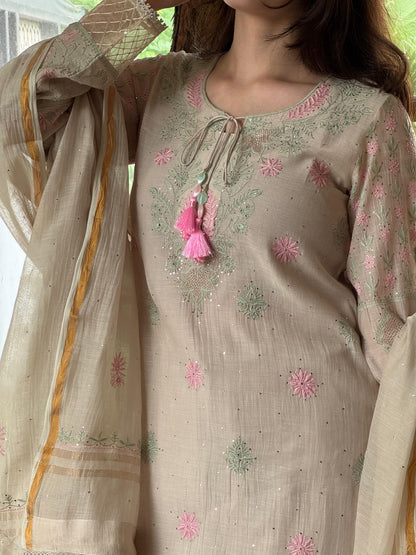 Nude Beige Shade Mul Chanderi Chikankari Farshi Sets