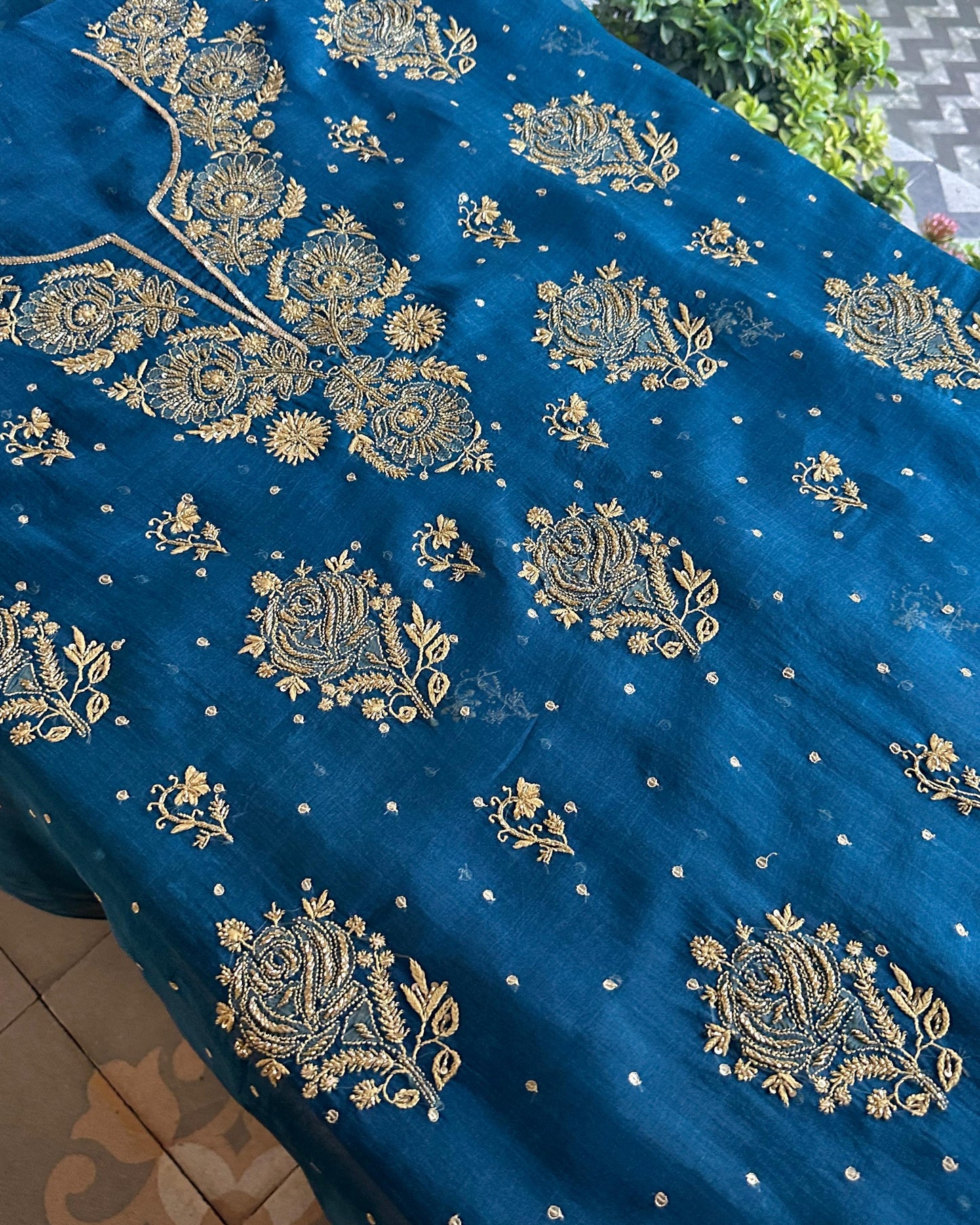 Prussian Blue Noor Organza Silk Chikankari Unstitched Kurta Dupatta Set