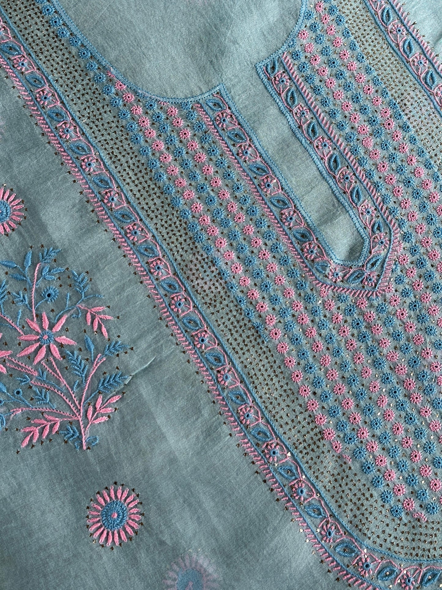 Blue Multi Shade Organza Silk Chikankari Unstitched Fabric