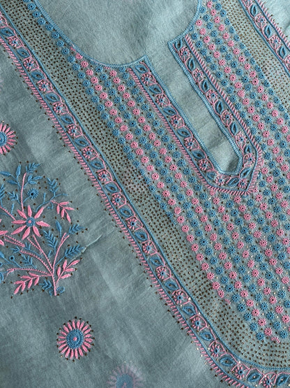 Blue Multi Shade Organza Silk Chikankari Unstitched Fabric